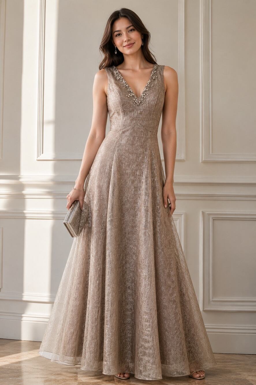 Aidan Mattox Beaded V-Neck Metallic A-Line Gown Dress Champagne Gold Sz 2 NWT